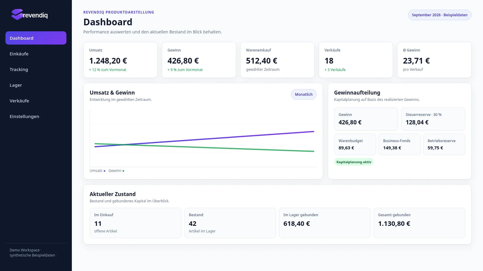 revendiq Produktdarstellung mit synthetischen Beispieldaten: Dashboard, Umsatz, Gewinn und Kapitalplanung